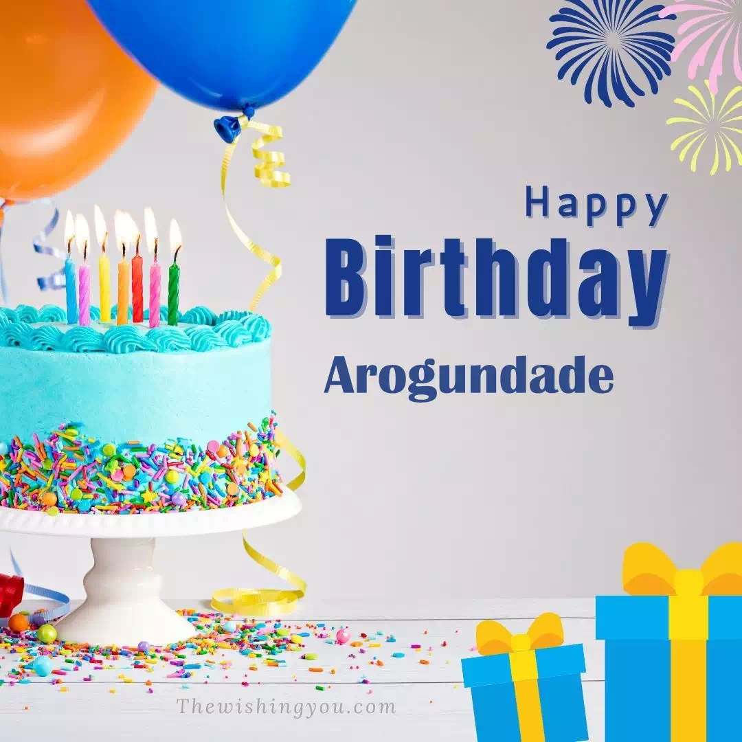 Happy Birthday Arogundade written on image, White cake keep on White stand and blue gift boxes with Yellow ribon with Sky background