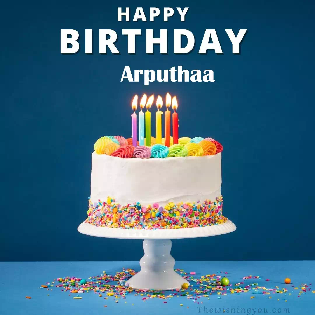 Happy Birthday Arputhaa written on image, White cake keep on White stand and burning candles Sky background