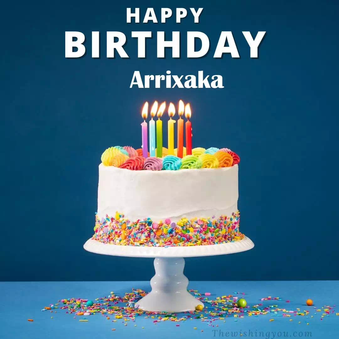 Happy Birthday Arrixaka written on image, White cake keep on White stand and burning candles Sky background