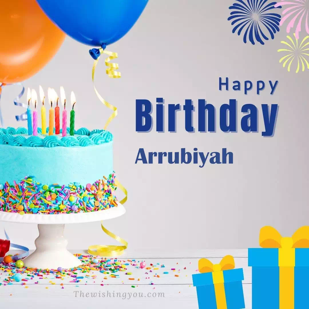 Happy Birthday Arrubiyah written on image, White cake keep on White stand and blue gift boxes with Yellow ribon with Sky background