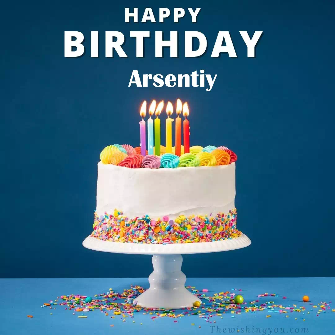 Happy Birthday Arsentiy written on image, White cake keep on White stand and burning candles Sky background
