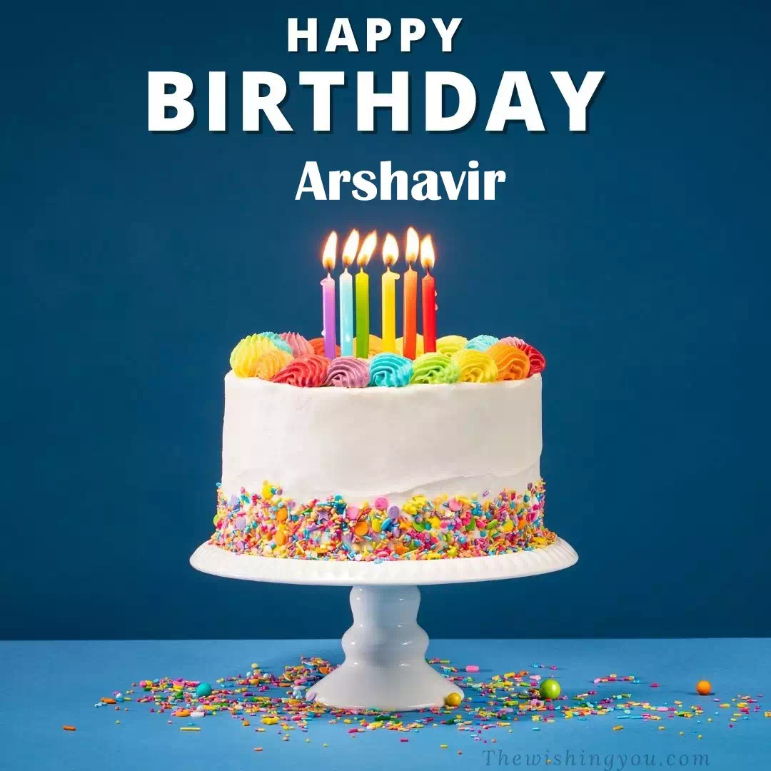 Happy Birthday Arshavir written on image, White cake keep on White stand and burning candles Sky background