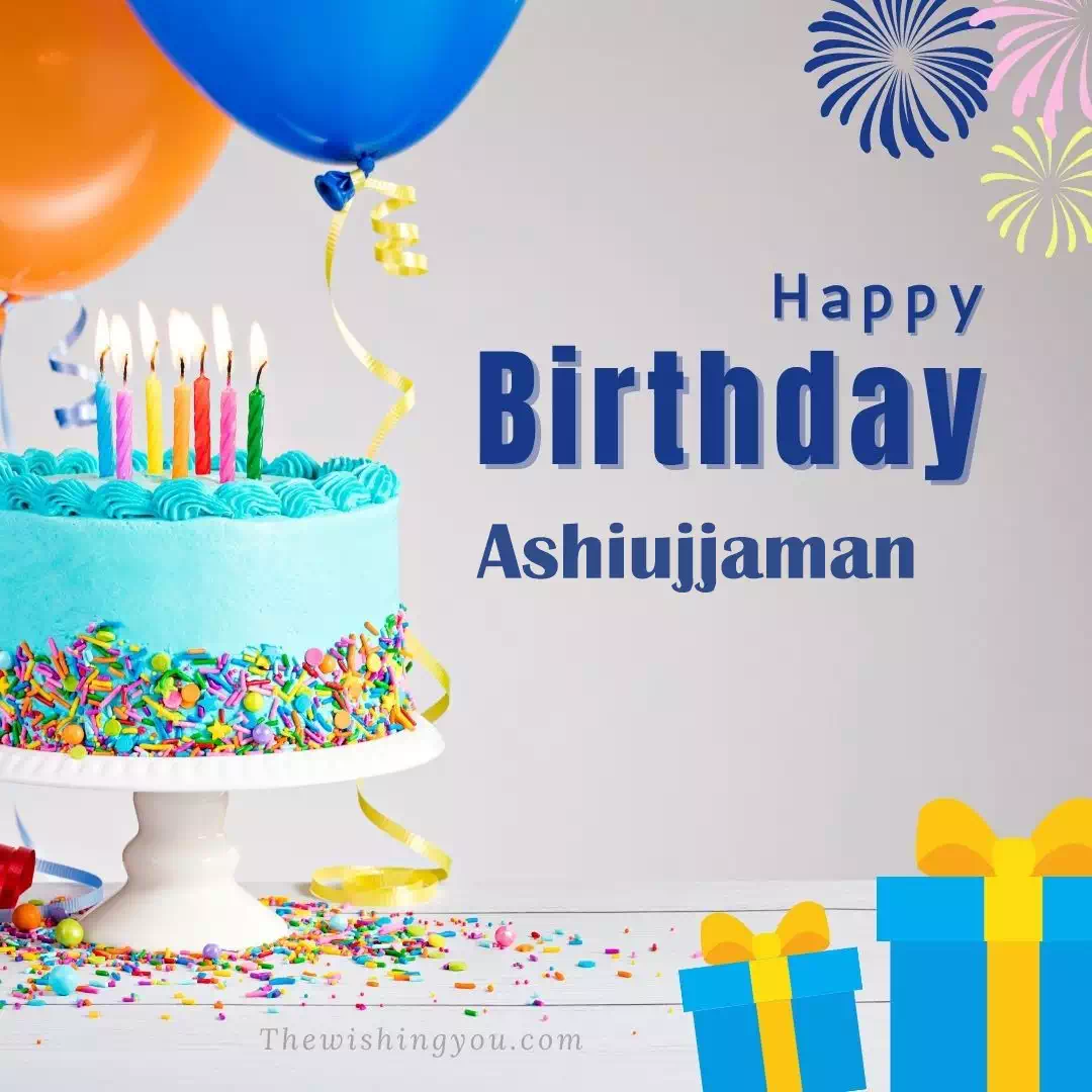 Happy Birthday Ashiujjaman written on image, White cake keep on White stand and blue gift boxes with Yellow ribon with Sky background