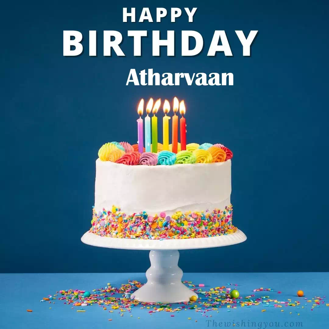 Happy Birthday Atharvaan written on image, White cake keep on White stand and burning candles Sky background