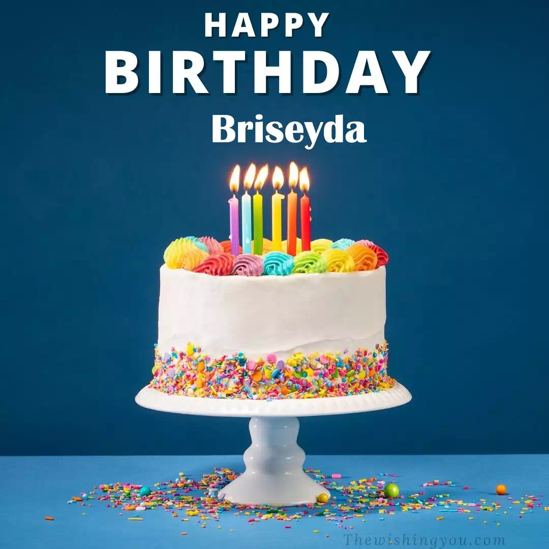 Happy Birthday Briseyda written on image, White cake keep on White stand and burning candles Sky background