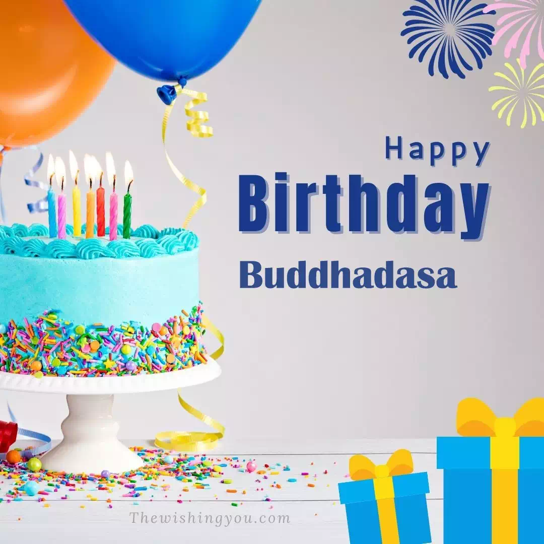 Happy Birthday Buddhadasa written on image, White cake keep on White stand and blue gift boxes with Yellow ribon with Sky background