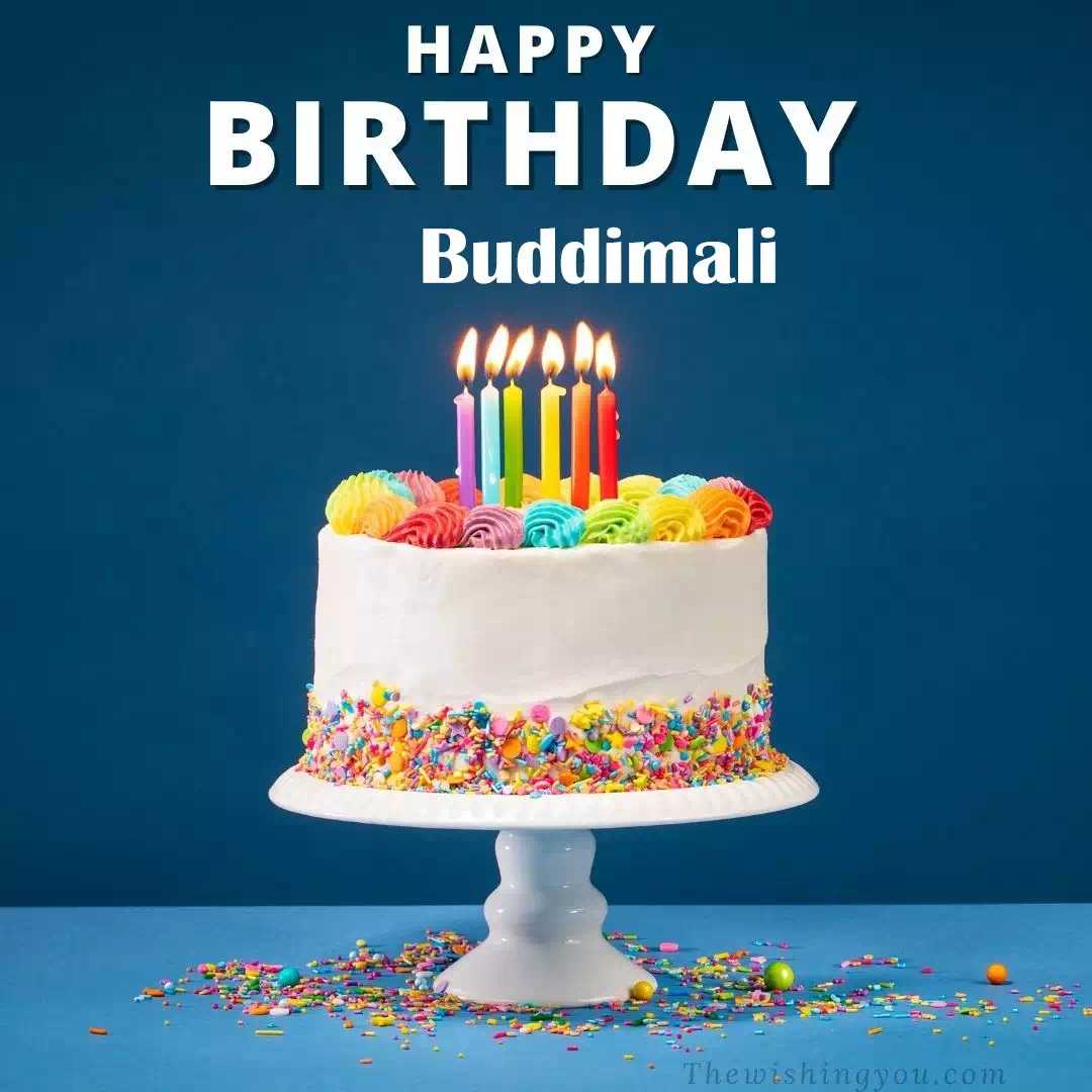 Happy Birthday Buddimali written on image, White cake keep on White stand and burning candles Sky background