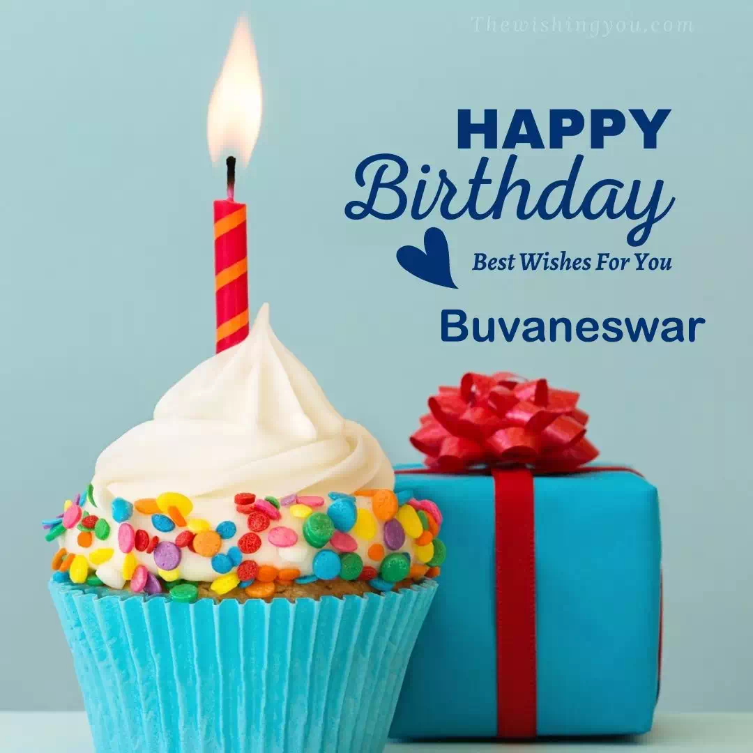 Happy Birthday Buvaneswar written on image, Blue Cup cake and burning candle blue Gift boxes with red ribon