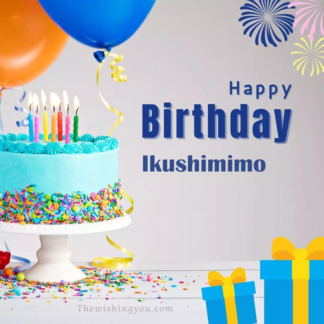 Happy Birthday Ikushimimo written on image, White cake keep on White stand and blue gift boxes with Yellow ribon with Sky background